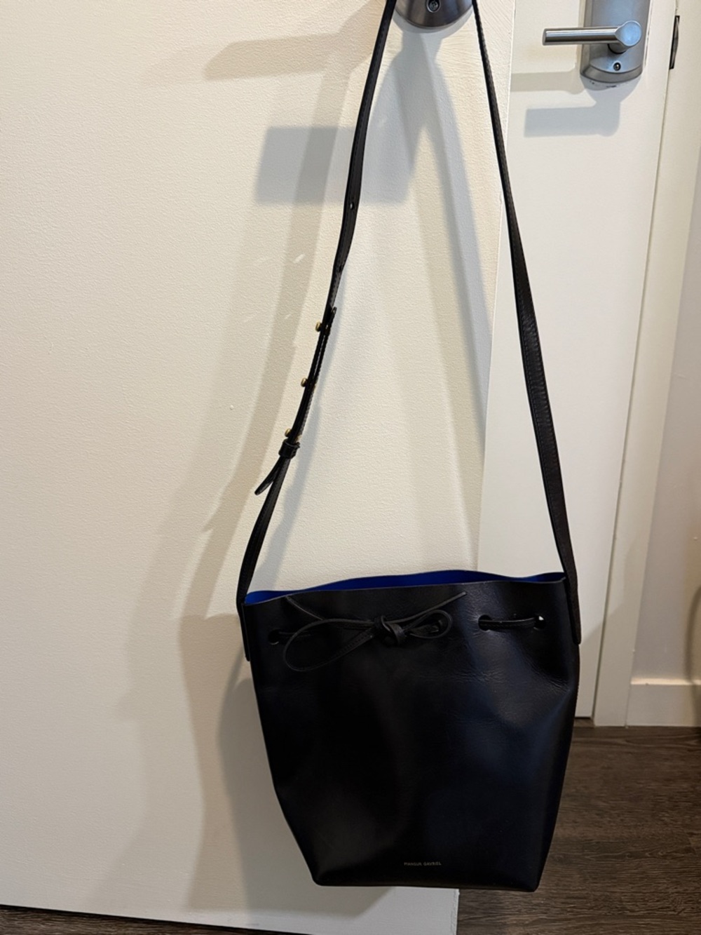 Mansur Gavriel Black Bucket Bag w/ Blue Interior